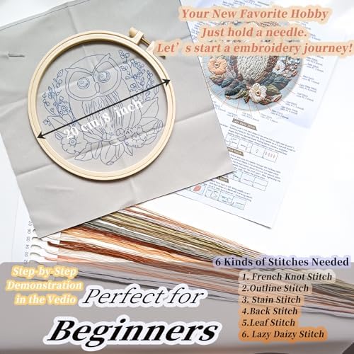 FONNUY Embroidery Kit for Beginners, Owl Flowers Pre-Stamped Pattern Kits for Adults with Hoop, Easy to Follow Color Thread Needlework, 8'' Hoop (Brown)