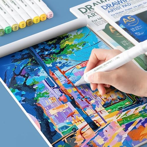TRANSON A5 Small Sketchbook Marker Pad, 80lb/120gsm Heavyweight Art Paper, No Bleed Through, 80 Sheets/160 Pages 5.8"x8.3" for Drawing & Sketching