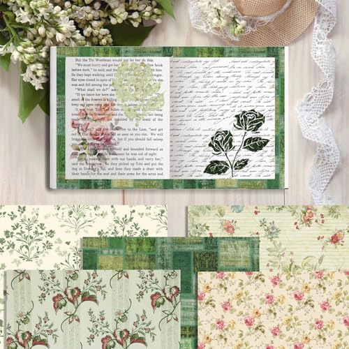 Green Scrapbook Paper Vintage Flower Pattern Papers Pad 12×12,24 Sheets Double-Sided Mother's Day Bobo Floral Scrapbooking CardStock Paper Pad for Holiday Cardmaking DIY Origami Papers.