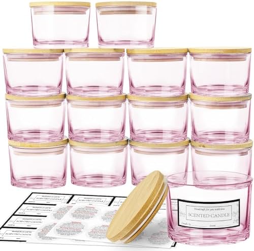 CONNOO 15 Pack 4oz Pink Glass Candle Jars with Airtight Bamboo Lids