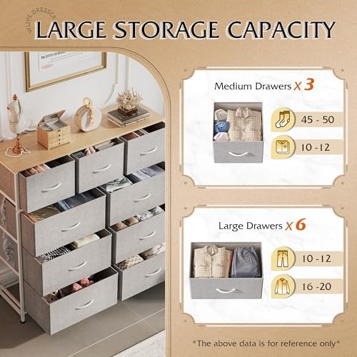 WLIVE Tall Dresser for Bedroom, 9 Drawer Chest of Drawers, Light Grey | 9 roomy fabric drawers, Tall storage design, Bedroom or closet use, Sturdy steel frame, Smooth wood tabletop