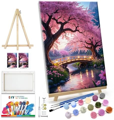JOOZ Paint by Numbers Kit for Adults with Frame Sakura Paint by Number with Easel Tree Adult Paint by Number Kits Framed Canvas Mountain Waterfall Oil Painting Kits for Gift Home Wall Decor 8x12 Inch