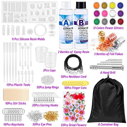 219Pcs Resin Kit for Beginners, Thrilez Resin Mold Kit with Resin Molds Silicone and Epoxy Resin Supplies Include Dried Flowers, Foil Flakes, Necklace Cord, Earring Hooks for DIY Jewelry Making