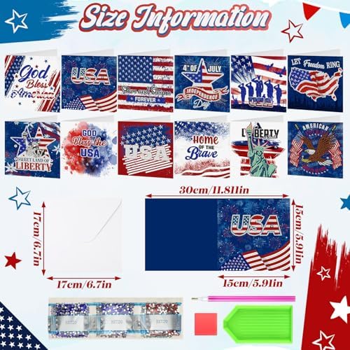 Saillong 12 Pack 4th of July Diamond Painting Greeting Card Kits Patriotic Diamond Art Cards with Envelopes Independence Day Red White Blue 5D Rhinestones Painting Making Kits for Adult DIY Craft Gift