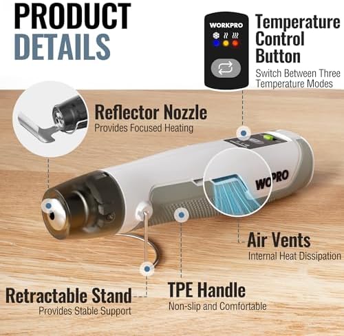 WORKPRO 7.2V Cordless Mini Heat Gun, 1.5s Fast Heating | 3 Temp Settings (Cool/572°F/842°F), 4000mAh Battery, USB-C Charging Cable Included, For DIY Crafts