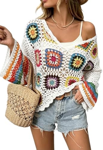 Kinghua Crochet Tops for Women Spring Summer Boho Floral Shirts Coverups