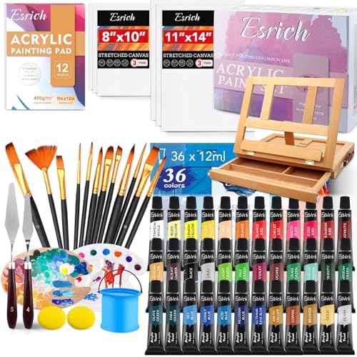 ESRICH 74 PCS Acrylic Paint Set for Adults with Beech Wood Easel