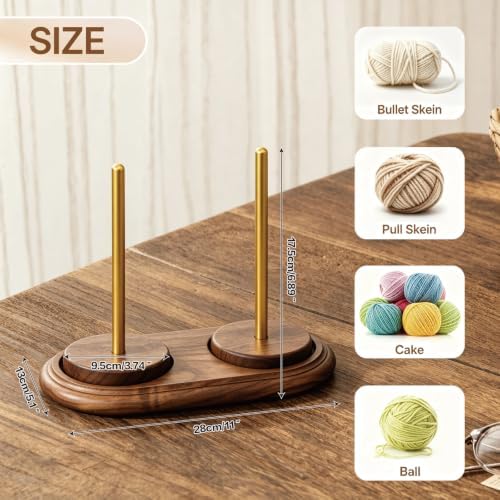 Rovarahoom Walnut Wooden Yarn Holder for Crocheting, Yarn Spinner Stand with Rotating Mechanism, Crochet Holder for Knitting Lovers Mom Craft Enthusiasts Great Gift - 2 Spindles