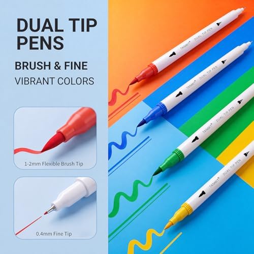 TANMIT 36 Dual-Tip Brush Pens, Art Markers for Adult Coloring Books | Dual Marker Pen With Brush + Fine Precision Tips for Calligraphy, Planners, Journaling, Note Taking & More