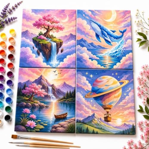 Paint by Numbers Kit for Adults, Set of 4 Framed Canvases, Fantasy Art