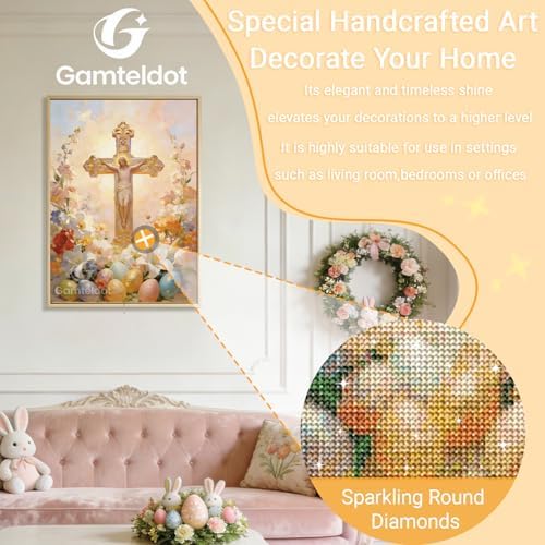Gamteldot Easter Diamond Art,Cross Diamond Art Kits for Adults Beginner,DIY Easter Eggs Diamond Painting Kits 5D Full Drill Gem Art Craft with Complete Tools,for Home Wall Decor and Gift-12x16in