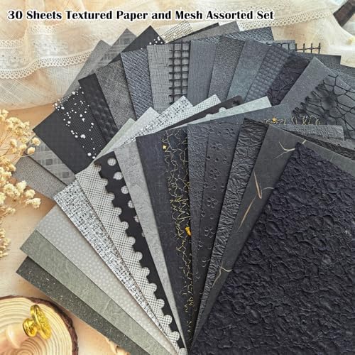 30 Sheets A5 Black & Gray Textured Scrapbook Paper & Mesh Fabric