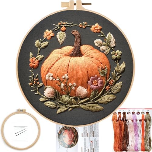 FONNUY Pumpkin Embroidery Kit for Beginners, Pre-Stamped Pattern Kits for Adults with Hoop, Easy to Follow Color Thread Needlework, 8'' Hoop (Orange)