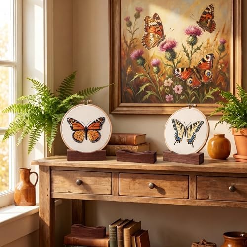 Chunful 6 Pcs Embroidery Hoop Display Stand Wooden Embroidery Frames Holder 2 Tier Groove Cross Stitch Hoop Stand Base Accessories for Display Home Exhibition (5.31" X 1.3" X 1.5",Walnut Color)