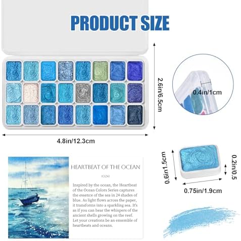 CraftyManor Mini Glitter Watercolor Paint Set with Paper, 24 Colors Shimmer Metallic Watercolour Painting Sets, Solid Pearl Water Color Paints for Adult, Blue 1ml (Heartbeat of the Ocean)