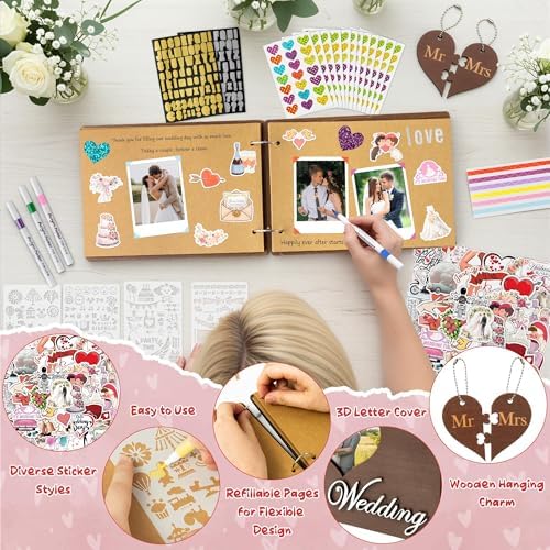CY2SIDE Our Wedding Scrapbook Album - 111PCS DIY Wooden Memory Photo Book Craft Kit with Stickers Markers Stencils Photo Corner Mr & Mrs Ornament, Picture Journal Gift for Bridal Wedding Anniversary