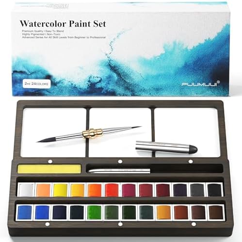 Fuumuui Watercolor Paint Set, 24 Watercolor Paints with Dual Tip Travel Watercolor Brushes Wooden Palette, Art Supplies for Painting, Travel Watercolor Set, Amateur Hobbyists