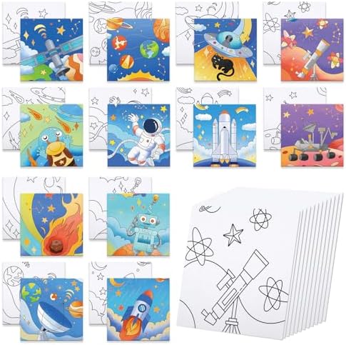 Anseal 12 Packs Pre Drawn Canvas to Paint, 4" X 4" Space Pre-Printed Canvas Paint Party, Stretched Outline Painting Boards for Beginners, Party Favor