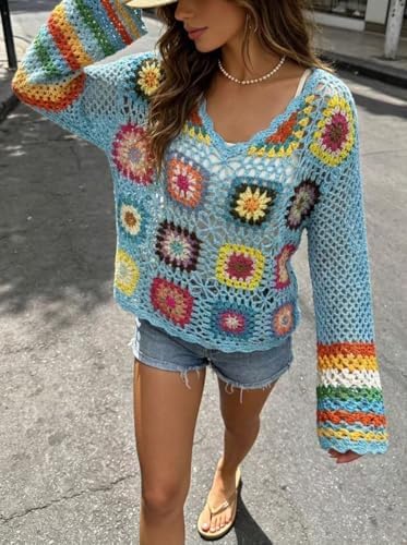 Kinghua Crochet Tops for Women Spring Summer Boho Floral Shirts Coverups
