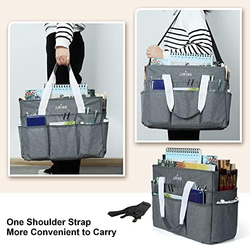 JJRING Craft Organizer Tote Bag Large Art Storage Caddy Grey | With Multiple Pockets For Sewing, Scrapbooking, School, Medical, And Office Supplies