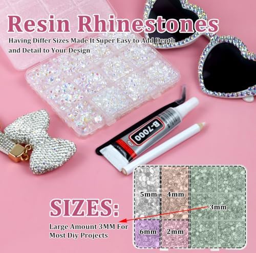 10000PCS Clear AB Rhinestones Bedazzling Gems 2/3/4/5/6MM Mix Sizes Resin Jelly Bedazzler Kit Flatback with Complete Tools for DIY, Nail, Art Craft for Girls Gift