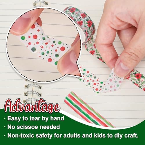 Whaline 12 Rolls Christmas Washi Tape Watercolor Xmas Tree Poinsettia Flower Holly Berry Decorative Masking Tape for Scrapbook Journal DIY Art Craft Gift Wrapping