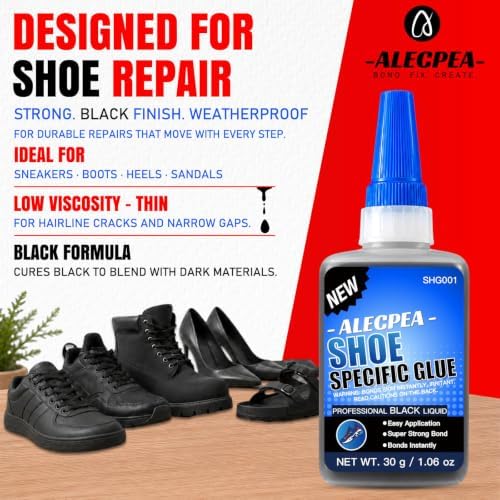ALECPEA Black Shoe Glue for Sole Repair, Thin Adhesive, 30g with 3 Tips