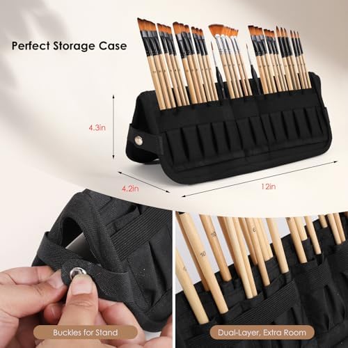 33Pcs Professional Paint Brush Set Flat Filbert Fan Art Brushes | Works for acrylic, oil, watercolor painting, comes with palette knife, ideal art supplies for artists, beginners & students