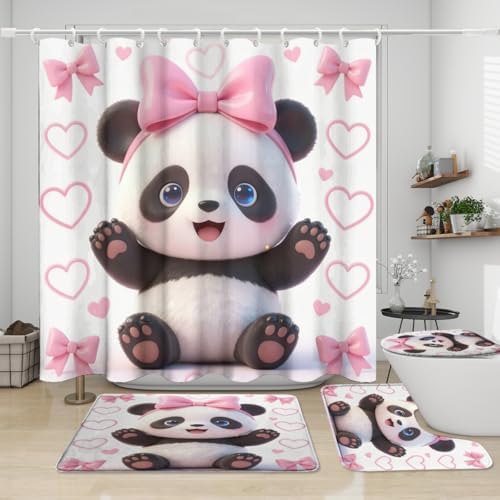 Girls Cute Baby Panda 4Pcs Shower Curtain Sets,Cartoon Lovely Animal Panda Bears Bathroom Decor Set,Princess Style Pink Bow Kawii Toilet Lid Rug, Bath Mat and Contour Mat
