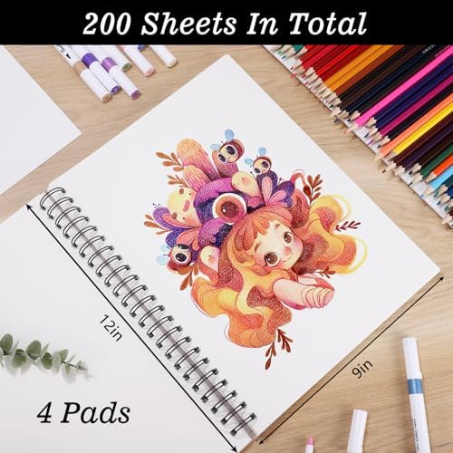 4 Pack Mixed Media Sketchbook 9×12 in, Spiral Bound, 200 Sheets Sketch Pads