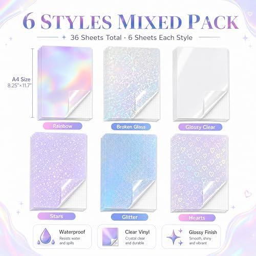 36 Sheets Holographic Sticker Paper Clear Laminating Sheets Adhesive Paper | Transparent Waterproof Rainbow Vinyl Sticker Paper A4 Size Holographic Laminate Sheets for DIY Crafts, with 6 Styles Mixed