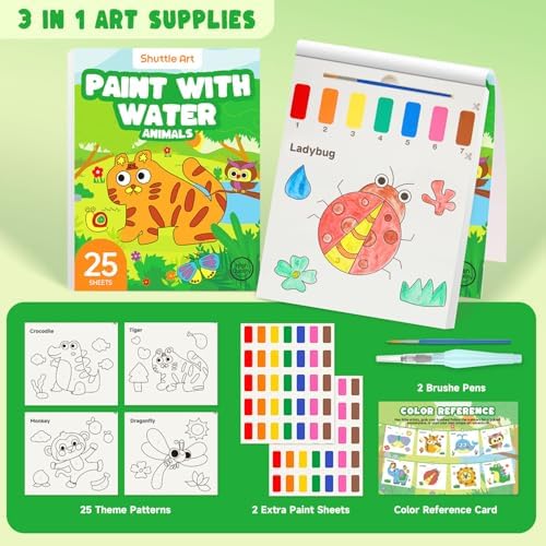 Shuttle Art Paint with Water Coloring Book for Kids, 25 Animals Themed Pages with 2 Brushes, Mess-Free Watercolor Paint Set, Travel-Friendly Art Craft Gift for Toddlers, Birthday Christmas Gift