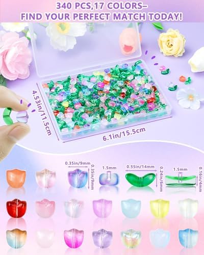 FIVEIZERO Flower Charms, 340PCS Glass Tulip Flower Beads, 17 Colors