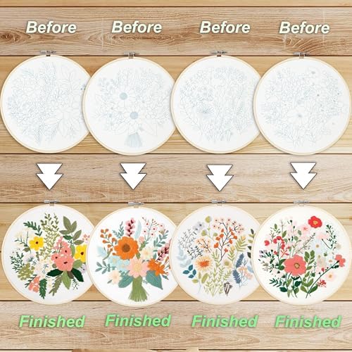 SevFan 4 Sets Embroidery Kit for Beginners Adults,Needlepoint Kits for Adults with Easy Stamped Floral Pattern Fabric Hand Crafts,Bamboo Hoop,Needle,Cloth,Embroidery Kit for Decor Home Room(Flower-8)