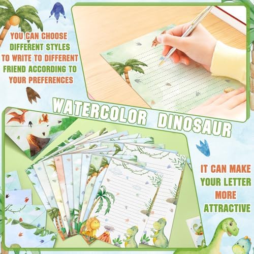 TaoBary 160 Pcs Watercolor Dinosaur Stationery Paper and Envelopes Set