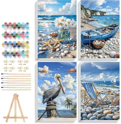 ICYANART 4 Pack Beach Paint by Numbers Kit for Adult Beach with Frame Easel