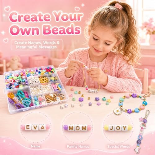 Fcoget 850pcs Beaded Keychain Making Kit,DIY Bead Keychain Making Kit, Bracelet Bag Charm Kit,with Acrylic Letter Pony Beads & Unicorn Crafts Jewelry Making Kit Gifts