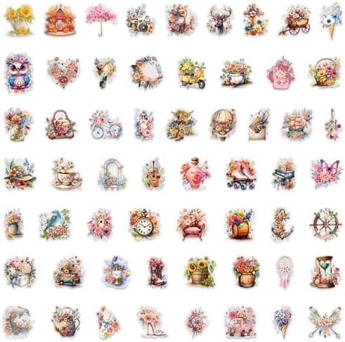 57 Pcs Vintage Watercolor Floral Stickers,Aesthetic PET Transparent Flowers Sticker Waterproof Decorative Decals for Journaling, Decoupage, Planners, laptops, Phone Case, Gift(Colourful-K1)