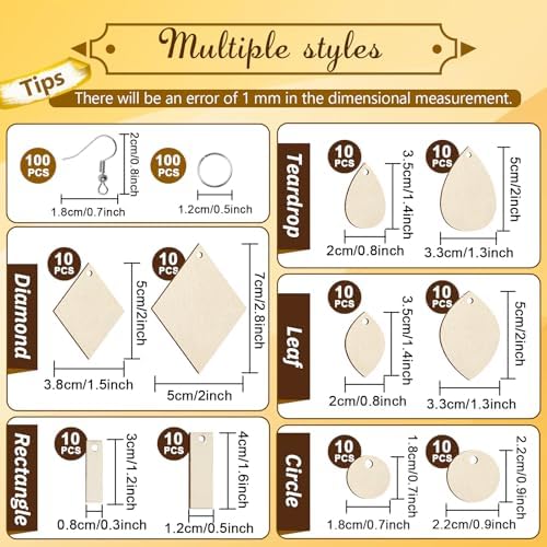 HAPY SHOP 300 Pieces Unfinished Wooden Earrings Teardrop/Circle/Leaf/Diamond/Rectangle Shapes Wood Earring Blanks 100 Pieces Earring Hooks and 100 Pieces Jump Rings