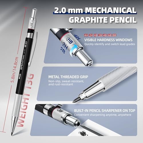 WUO 38PCS Art Mechanical Pencil Set with Storage Case, Metal Drawing Pencil | 0.3, 0.5, 0.7, 0.9 & 2PCS 2mm (2H HB 2B 4B Color) & 552 Lead Refills, 1 Eraser Pen, Artist Pencils for Sketching, Drafting