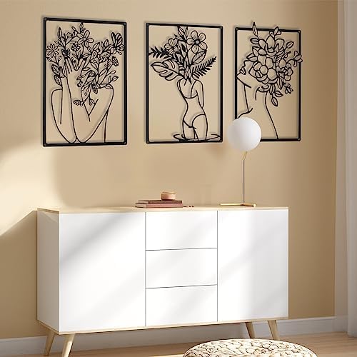 CHENGU 3 Pieces Metal Minimalist Abstract Woman Wall Art Line Drawing Wall Art Decor Single Line Female Home Hanging for Kitchen Bathroom Living Room