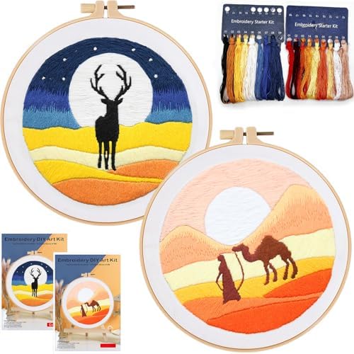 2 Set Embroidery Kit DIY for Adult Beginner, Pre-Stamped Patterns Mountain Sea Embroidery Kits with Hoop, Colored Threads and Needles, Easy to Follow Needlework (Yellow)