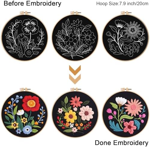 Louise Maelys 3 Pack Floral Embroidery Kit for Beginners with Hoop Threads