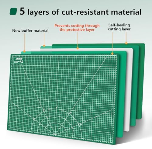 ArtAt Self Healing Cutting Mat: 18″x 24″ Green Double Sided, Non-Slip 5 Layers PVC Durable A2 Sewing Craft Mat for Rotary Cutter, Use for Quilting, Scrapbooking and Craft & Art Projects…
