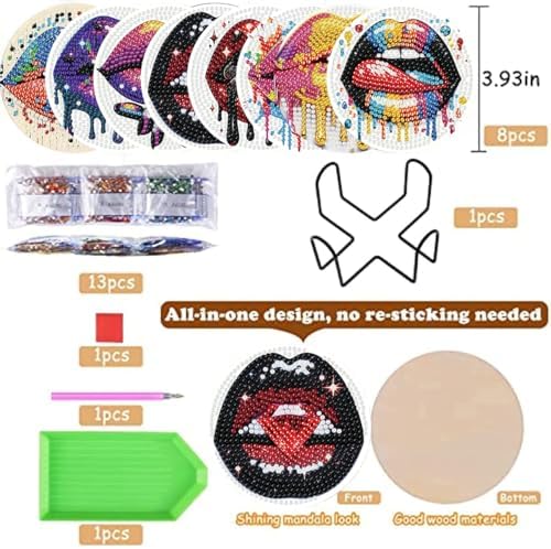 8 Pack Diamond Art Coasters,Sexy lips Diamond Painting Coasters Kits
