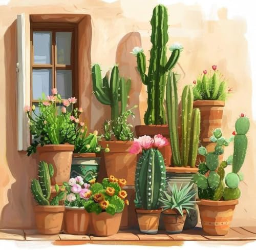 Paint by Numbers Kit for Adults, Desert Cactus Painting, 16 x 16 Inch | DIY Adult Paint by Number Kit on Canvas for Beginners, without Frame, Southwest Boho Wall Decor, Stress Relief Craft Gift