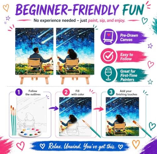 QUANWAISJ Sip and Paint Kit for Adults, Pre Drawn Canvas for Painting for Adults, 2 Pack Canvas Painting Kit, Paint Party Kit, Date Night Activities for Couples, Valentine’s Day (Starry Wishes)