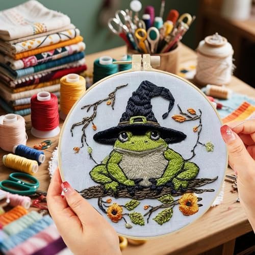 Floral Witch Hat Embroidery Kit Halloween Cross Stitch Material Set with Bat Skull Flower Pumpkin Patterns, DIY Hand Needlepoint Embroidery Craft Kit for Beginners Professional (Witchy Frog)