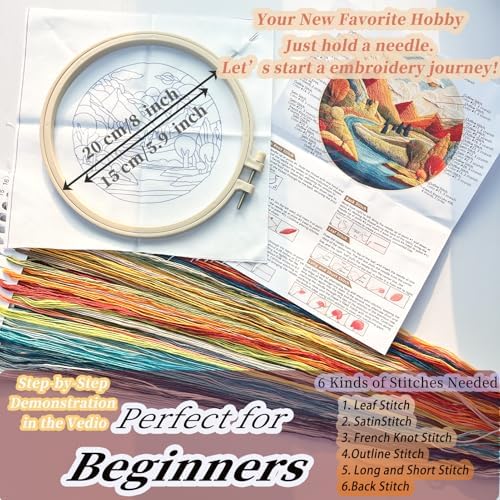FONNUY Embroidery Kit for Beginners, Brightly Colored Landscape Lake Pre-Stamped Pattern Kits for Adults with Hoop, Easy to Follow Color Thread Needlework, 8'' Hoop (Blue)