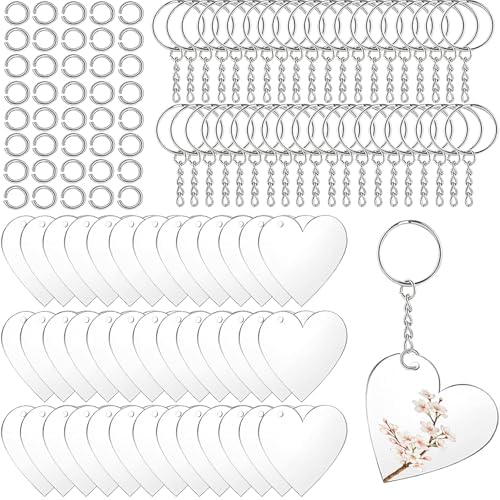 120Pcs Acrylic Keychain Blanks, BetterJonny 40Pcs Heart Key Tags with Key Chain Rings and Open Rings Unfinished Clear Ornament for DIY Crafting & Vinyl Projects